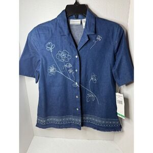 Alfred Dunner Indigo‎ Denim Embroidered Floral Fringe Petite Shirt